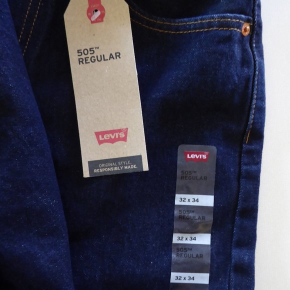LEVI’S 505 MENS REGULAR FIT STRAIGHT LEG 32 x 34 DARK BLUE WASH (NEW WITH TAGS) - Picture 6 of 7